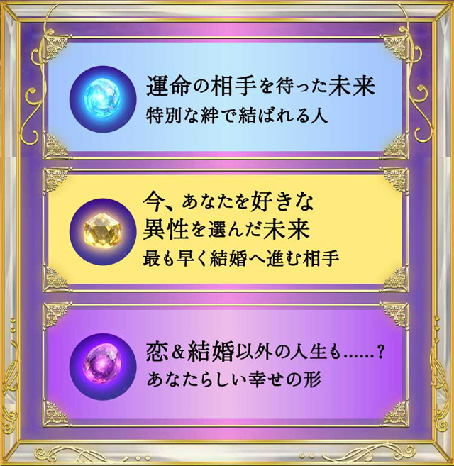 運命の相手を待った未来-特別な絆で結ばれる人 今、あなたを好きな異性を選んだ未来-最も早く結婚へ進む相手 恋&結婚以外の人生も……？-あなたらしい幸せの形