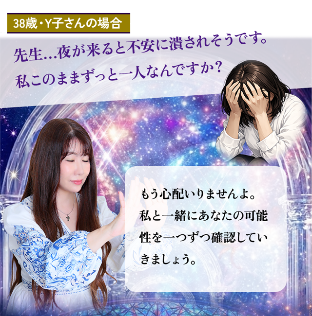 38歳・Y子さんの場合 先生…夜が来ると不安に潰されそうです。私このままずっと一人なんですか？ もう心配入りませんよ。私と一緒にあなたの可能性を一つずつ確認していきましょう。